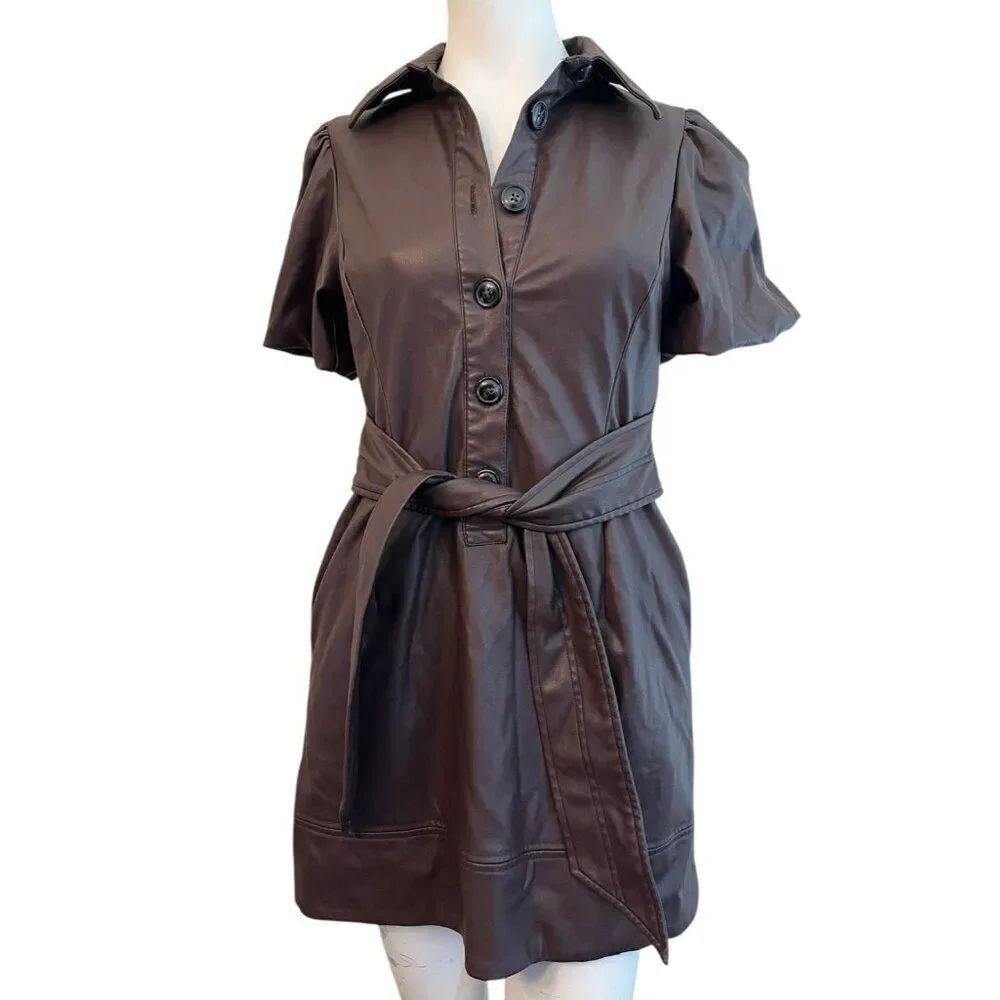 Toccin 6 Brown Faux Leather Shirt Dress Button Front Collared Mini Puff Slv